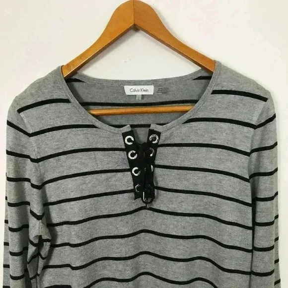 Calvin Klein Women Black Gray Lace-Up Large Blouse - Picture 1 of 5